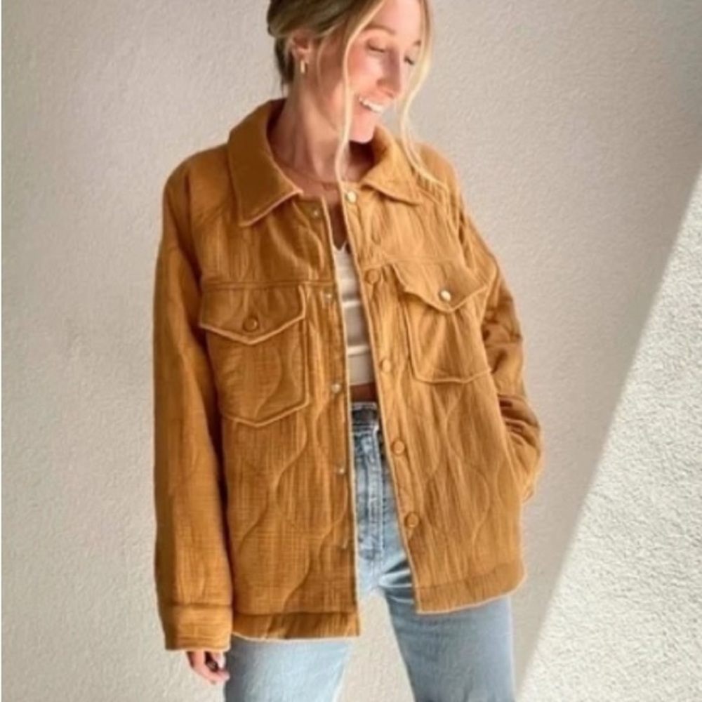 Bucketlist Women’s Quilted Oversized Shacket Jacket Button Front in Orange L